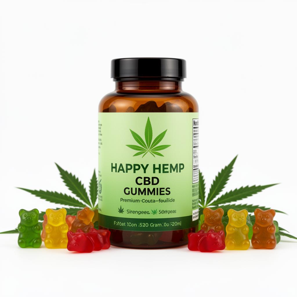 Happy Hemp CBD Gummies bottle with colorful gummies and hemp leaves